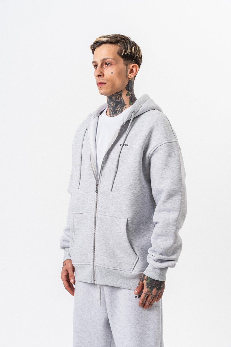 ريسباير هودي رجالي أساسي واسع (Oversize) بسحاب (Zip) بغطاء رأس بتفاصيل نص "Respire" لون رمادي ثلجي (Kar Melanj) - Image 2